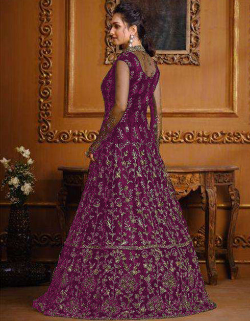 Designer Party Wear Heavy Readymade Salwar Suit Collectio Purple Heavy Butterfly Net Pant Anarkali Close-up View